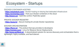 Ecosystem - Startups
DOCKER CONTAINER HOSTING
- https://stackdock.com/ - Docker hosting on blazing fast dedicated infrastructure
- https://orchardup.com/ - Host your Docker containers in the cloud
- http://tutum.co/ - IaaS-like control, PaaS-like speed
PRIVATE DOCKER REGISTRY
- https://quay.io/ - Secure hosting for private Docker repositories
DOCKER ORCHESTRATION
- https://flynn.io/ - The product that ops provides to developers
- https://coreos.com/ - Linux for Massive Server Deployments
- http://www.serfdom.io/ - A decentralized solution for service discovery and orchestration that is
lightweight, highly available, and fault tolerant
 