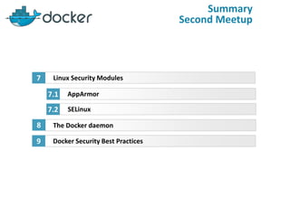 Summary
Second Meetup
Linux Security Modules
AppArmor
7
7.1
SELinux7.2
The Docker daemon8
Docker Security Best Practices9
 
