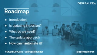 Roadmap
● Introduction
● Is updating important?
● What do we need?
● The update approach
● How can I automate it?
#DrupalDevDays / @drupaldevdays @agomezmoron
 