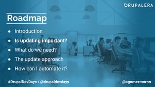 Roadmap
● Introduction
● Is updating important?
● What do we need?
● The update approach
● How can I automate it?
#DrupalDevDays / @drupaldevdays @agomezmoron
 
