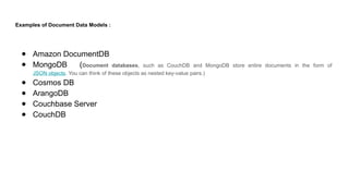 Examples of Document Data Models :
● Amazon DocumentDB
● MongoDB (Document databases, such as CouchDB and MongoDB store entire documents in the form of
JSON objects. You can think of these objects as nested key-value pairs.)
● Cosmos DB
● ArangoDB
● Couchbase Server
● CouchDB
 