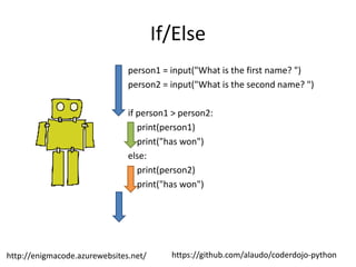 https://github.com/alaudo/coderdojo-pythonhttp://enigmacode.azurewebsites.net/
If/Else
person1 = input("What is the first name? ")
person2 = input("What is the second name? ")
if person1 > person2:
print(person1)
print("has won")
else:
print(person2)
print("has won")
 