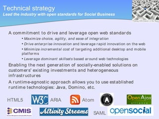Technical strategy
Lead the industry with open standards for Social Business



  A com m it m ent t o dr ive and lever age open web st andar ds
         • Maxim ize choice, agilit y, and ease of int egr at ion
         • Dr ive ent er pr ise innovat ion and lever age r apid innovat ion on t he web
         • Minim ize incr em ent al cost of t ar get ing addit ional deskt op and m obile
         plat f or m s
         • Lever age dom inant skillset s based ar ound web t echnologies
  Enabling t he next gener at ion of socially-enabled solut ions on
  cust om er s' exist ing invest m ent s and het er ogeneous
  inf r ast r uct ur es
  A r unt im e-agnost ic appr oach allows you t o use est ablished
  r unt im e t echnologies: Java, Dom ino, et c.

  HTML5                    ARIA                At om

                                                       SAML
 