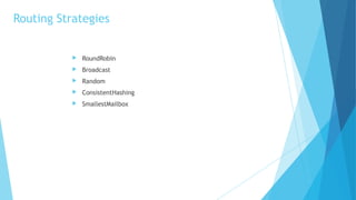 Routing Strategies
 RoundRobin
 Broadcast
 Random
 ConsistentHashing
 SmallestMailbox
 