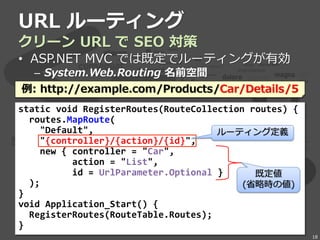 URL ルーティング
クリーン URL で SEO 対策
• ASP.NET MVC では既定でルーティングが有効
– System.Web.Routing 名前空間
static void RegisterRoutes(RouteCollection routes) {
routes.MapRoute(
"Default",
"{controller}/{action}/{id}",
new { controller = "Car",
action = "List",
id = UrlParameter.Optional }
);
}
void Application_Start() {
RegisterRoutes(RouteTable.Routes);
}
例: http://example.com/Products/Car/Details/5
ルーティング定義
既定値
(省略時の値)
18
 