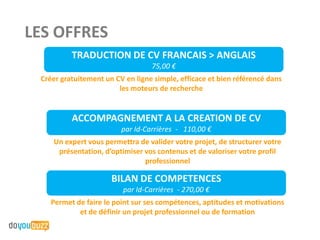 LES OFFRES
          TRADUCTION DE CV FRANCAIS > ANGLAIS
                                  75,00 €
 Créer gratuitement un CV en ligne simple, efficace et bien référencé dans
                        les moteurs de recherche


          ACCOMPAGNEMENT A LA CREATION DE CV
                         par Id-Carrières - 110,00 €
    Un expert vous permettra de valider votre projet, de structurer votre
     présentation, d’optimiser vos contenus et de valoriser votre profil
                               professionnel

                      BILAN DE COMPETENCES
                         par Id-Carrières - 270,00 €
    Permet de faire le point sur ses compétences, aptitudes et motivations
            et de définir un projet professionnel ou de formation
 