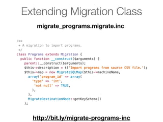 Extending Migration Class
migrate_programs.migrate.inc
http://bit.ly/migrate-programs-inc
 