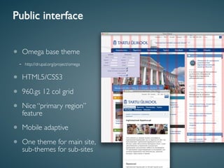 Public interface


• Omega base theme
  -   http://drupal.org/project/omega


• HTML5/CSS3
• 960.gs 12 col grid
• Nice “primary region”
  feature

• Mobile adaptive
• One theme for sub-sites
  sub-themes
             for main site,
 