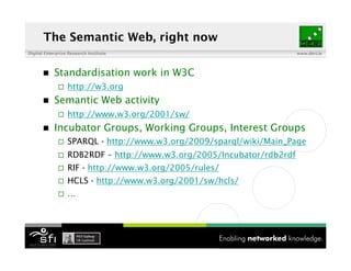 The Semantic Web, right now
Digital Enterprise Research Institute                                   www.deri.ie




       !    Standardisation work in W3C
                  http://w3.org
       !    Semantic Web activity
                  http://www.w3.org/2001/sw/
       !    Incubator Groups, Working Groups, Interest Groups
                  SPARQL - http://www.w3.org/2009/sparql/wiki/Main_Page
                  RDB2RDF – http://www.w3.org/2005/Incubator/rdb2rdf
                  RIF - http://www.w3.org/2005/rules/
                  HCLS - http://www.w3.org/2001/sw/hcls/
                  …




                                        10 of XYZ
 