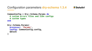 Configuration parameters dry-schema 1.3.4
CommonConfig = Dry::Schema.Params do
# custom errors files and I18n configs
# custom types
end
Dry::Schema.Params(
processor: 'Params',
config: CommonConfig.config,
&block
)
 