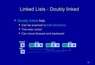 Linked Lists - Doubly linked

   Doubly linked lists
       Can be scanned in both directions
       Two-way cursor
       Can move forward and backward

     head         prev        prev          prev


     tail




                                                   66
 