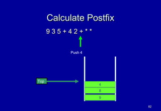 Calculate Postfix
      935+42+**


            Push 4




Top
                     4
                     8
                     9

                          82
 