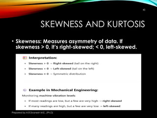 Prepared by A.R.Sivanesh M.E., (Ph.D)
40
SKEWNESS AND KURTOSIS
• Skewness: Measures asymmetry of data. If
skewness > 0, it’s right-skewed; < 0, left-skewed.
 