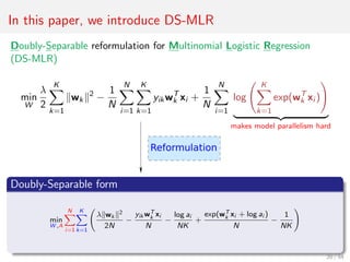 In this paper, we introduce DS-MLR
Doubly-Separable reformulation for Multinomial Logistic Regression
(DS-MLR)
min
W
λ
2
K
k=1
wk
2
−
1
N
N
i=1
K
k=1
yikwT
k xi +
1
N
N
i=1
log
K
k=1
exp(wT
k xi )
makes model parallelism hard
Doubly-Separable form
min
W ,A
N
i=1
K
k=1
λ wk
2
2N
−
yik wT
k xi
N
−
log ai
NK
+
exp(wT
k xi + log ai )
N
−
1
NK
20 / 54
 