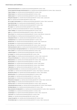 Article Sources and Contributors 291
Reads from the file descriptor (fd)  Source: http://bash.cyberciti.biz/wiki/index.php?oldid=940  Contributors: Admin
Executes commands and send output to the file descriptor (fd)  Source: http://bash.cyberciti.biz/wiki/index.php?oldid=1945  Contributors: Admin, 1 anonymous edits
Chapter 6 Challenges  Source: http://bash.cyberciti.biz/wiki/index.php?oldid=1919  Contributors: Admin
Linking Commands  Source: http://bash.cyberciti.biz/wiki/index.php?oldid=944  Contributors: Admin
Multiple commands  Source: http://bash.cyberciti.biz/wiki/index.php?oldid=2423  Contributors: Admin, 1 anonymous edits
Putting jobs in background  Source: http://bash.cyberciti.biz/wiki/index.php?oldid=2433  Contributors: Admin, 1 anonymous edits
Pipes  Source: http://bash.cyberciti.biz/wiki/index.php?oldid=948  Contributors: Admin
How to use pipes to connect programs  Source: http://bash.cyberciti.biz/wiki/index.php?oldid=2065  Contributors: Admin, 3 anonymous edits
Input redirection in pipes  Source: http://bash.cyberciti.biz/wiki/index.php?oldid=954  Contributors: Admin
Output redirection in pipes  Source: http://bash.cyberciti.biz/wiki/index.php?oldid=955  Contributors: Admin
Why use pipes  Source: http://bash.cyberciti.biz/wiki/index.php?oldid=956  Contributors: Admin
Filters  Source: http://bash.cyberciti.biz/wiki/index.php?oldid=1297  Contributors: Admin, Philippe.Petrinko
Chapter 7 Challenges  Source: http://bash.cyberciti.biz/wiki/index.php?oldid=1920  Contributors: Admin
Signals  Source: http://bash.cyberciti.biz/wiki/index.php?oldid=2294  Contributors: Admin, 2 anonymous edits
What is a Process?  Source: http://bash.cyberciti.biz/wiki/index.php?oldid=2295  Contributors: Admin, Wburwash, 1 anonymous edits
How to view Processes  Source: http://bash.cyberciti.biz/wiki/index.php?oldid=1048  Contributors: Admin
Sending signal to Processes  Source: http://bash.cyberciti.biz/wiki/index.php?oldid=1870  Contributors: Admin
Terminating Processes  Source: http://bash.cyberciti.biz/wiki/index.php?oldid=1871  Contributors: Admin
Shell signal values  Source: http://bash.cyberciti.biz/wiki/index.php?oldid=2296  Contributors: Admin, 1 anonymous edits
The trap statement  Source: http://bash.cyberciti.biz/wiki/index.php?oldid=1872  Contributors: Admin
How to clear trap  Source: http://bash.cyberciti.biz/wiki/index.php?oldid=1940  Contributors: Admin, 1 anonymous edits
Include trap statements in a script  Source: http://bash.cyberciti.biz/wiki/index.php?oldid=1054  Contributors: Admin
Use the trap statement to catch signals and handle errors  Source: http://bash.cyberciti.biz/wiki/index.php?oldid=2005  Contributors: Admin, 1 anonymous edits
What is a Subshell?  Source: http://bash.cyberciti.biz/wiki/index.php?oldid=1066  Contributors: Admin
Compound command  Source: http://bash.cyberciti.biz/wiki/index.php?oldid=1058  Contributors: Admin
Exec command  Source: http://bash.cyberciti.biz/wiki/index.php?oldid=1090  Contributors: Admin
Chapter 8 Challenges  Source: http://bash.cyberciti.biz/wiki/index.php?oldid=1921  Contributors: Admin, 1 anonymous edits
Writing your first shell function  Source: http://bash.cyberciti.biz/wiki/index.php?oldid=1709  Contributors: Admin
Displaying functions  Source: http://bash.cyberciti.biz/wiki/index.php?oldid=1789  Contributors: Admin, 1 anonymous edits
Removing functions  Source: http://bash.cyberciti.biz/wiki/index.php?oldid=1243  Contributors: Admin
Defining functions  Source: http://bash.cyberciti.biz/wiki/index.php?oldid=2053  Contributors: Admin, Cfajohnson
Writing functions  Source: http://bash.cyberciti.biz/wiki/index.php?oldid=2054  Contributors: Admin, Cfajohnson
Calling functions  Source: http://bash.cyberciti.biz/wiki/index.php?oldid=1685  Contributors: Admin
Pass arguments into a function  Source: http://bash.cyberciti.biz/wiki/index.php?oldid=1881  Contributors: Admin
Local variable  Source: http://bash.cyberciti.biz/wiki/index.php?oldid=2055  Contributors: Admin, Cfajohnson, 3 anonymous edits
Returning from a function  Source: http://bash.cyberciti.biz/wiki/index.php?oldid=2057  Contributors: Admin, Cfajohnson
Shell functions library  Source: http://bash.cyberciti.biz/wiki/index.php?oldid=1252  Contributors: Admin
Source command  Source: http://bash.cyberciti.biz/wiki/index.php?oldid=1253  Contributors: Admin
Recursive function  Source: http://bash.cyberciti.biz/wiki/index.php?oldid=1688  Contributors: Admin
Putting functions in background  Source: http://bash.cyberciti.biz/wiki/index.php?oldid=2304  Contributors: Admin, 1 anonymous edits
Chapter 9 Challenges  Source: http://bash.cyberciti.biz/wiki/index.php?oldid=1922  Contributors: Admin
Menu driven scripts  Source: http://bash.cyberciti.biz/wiki/index.php?oldid=2443  Contributors: Admin, 3 anonymous edits
Getting information about your system  Source: http://bash.cyberciti.biz/wiki/index.php?oldid=1442  Contributors: Admin, Noahspurrier
Bash display dialog boxes  Source: http://bash.cyberciti.biz/wiki/index.php?oldid=1368  Contributors: Admin
Dialog customization with configuration file  Source: http://bash.cyberciti.biz/wiki/index.php?oldid=2418  Contributors: Admin, 1 anonymous edits
A yes/no dialog box  Source: http://bash.cyberciti.biz/wiki/index.php?oldid=1411  Contributors: Admin
An input dialog box  Source: http://bash.cyberciti.biz/wiki/index.php?oldid=2075  Contributors: Admin, 1 anonymous edits
A password box  Source: http://bash.cyberciti.biz/wiki/index.php?oldid=1581  Contributors: Admin
A menu box  Source: http://bash.cyberciti.biz/wiki/index.php?oldid=1464  Contributors: Admin
A progress bar (gauge box)  Source: http://bash.cyberciti.biz/wiki/index.php?oldid=1564  Contributors: Admin
The form dialog for input  Source: http://bash.cyberciti.biz/wiki/index.php?oldid=1925  Contributors: Admin, 1 anonymous edits
 