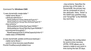 Command For Windows CMD
1) aws dynamodb create-table ^
--table-name Music ^
--attribute-definitions ^
AttributeName=Artist,AttributeType=S ^
AttributeName=SongTitle,AttributeType=S ^
--key-schema ^
AttributeName=Artist,KeyType=HASH ^
AttributeName=SongTitle,KeyType=RANGE ^
--provisioned-throughput ^
ReadCapacityUnits=5,WriteCapacityUnits=5 ^
--table-class STANDARD
2) aws dynamodb update-continuous-backups 
--table-name Music 
--point-in-time-recovery-specification
PointInTimeRecoveryEnabled=true
--key-schema: Specifies the
primary key of the table. In
DynamoDB, the primary key
can be composed of one or
two attributes. Here, "Artist" is
the HASH key (partition key),
and "SongTitle" is the RANGE
key (sort key).
-- Specifies the configuration
for point-in-time recovery
(PITR). PITR allows you to
restore a table to any point in
time during the last 35 days.
 