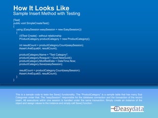 How It Looks Like
Sample Insert Method with Testing
[Test]
public void SimpleCreateTest()
{
   using (EasySession easySession = new EasySession())
   {
     ///[Test Create] - without relationship
     ProductCategory productCategory = new ProductCategory();

        int resultCount = productCategory.Count(easySession);
        Assert.AreEqual(4, resultCount);

        productCategory.Name = "Test Category";
        productCategory.Rowguid = Guid.NewGuid();
        productCategory.ModifiedDate = DateTime.Now;
        productCategory.Save(easySession);

        resultCount = productCategory.Count(easySession);
        Assert.AreEqual(5, resultCount);
    }
}




    This is a sample code to tests the Save() functionality. The “ProductCategory” is a sample table that has many Sub
    Categories under that. The “easySession” responsible for the database connection and the transaction of the record
    insert. All executions within one session is handled under the same transaction. Simply create an instance of the
    object and assign values to the instance and simply call Save() function.

                                                                                                            Your Logo
 