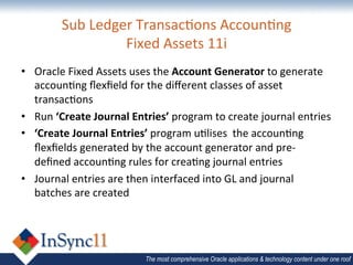 Sub	
  Ledger	
  Transac=ons	
  Accoun=ng	
  	
  
                        Fixed	
  Assets	
  11i	
  
•  Oracle	
  Fixed	
  Assets	
  uses	
  the	
  Account	
  Generator	
  to	
  generate	
  
   accoun=ng	
  ﬂexﬁeld	
  for	
  the	
  diﬀerent	
  classes	
  of	
  asset	
  
   transac=ons	
  
•  Run	
  ‘Create	
  Journal	
  Entries’	
  program	
  to	
  create	
  journal	
  entries	
  
•  ‘Create	
  Journal	
  Entries’	
  program	
  u=lises	
  	
  the	
  accoun=ng	
  
   ﬂexﬁelds	
  generated	
  by	
  the	
  account	
  generator	
  and	
  pre-­‐
   deﬁned	
  accoun=ng	
  rules	
  for	
  crea=ng	
  journal	
  entries	
  
•  Journal	
  entries	
  are	
  then	
  interfaced	
  into	
  GL	
  and	
  journal	
  
   batches	
  are	
  created	
  



	
  
                                     The most comprehensive Oracle applications & technology content under one roof
 