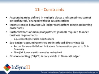 11i	
  -­‐	
  Constraints	
  
•  Accoun=ng	
  rules	
  deﬁned	
  in	
  mul=ple	
  places	
  and	
  some=mes	
  cannot	
  
   be	
  conﬁgured	
  /	
  changed	
  without	
  customiza=ons	
  
•  Inconsistencies	
  between	
  sub-­‐ledger	
  transac=ons	
  create	
  accoun=ng	
  
   procedures	
  
•  Customiza=ons	
  or	
  manual	
  adjustment	
  journals	
  required	
  to	
  meet	
  
   business	
  requirements	
  	
  
     –  e.g.	
  account	
  generators	
  modiﬁca=ons	
  
•  Sub-­‐Ledger	
  accoun=ng	
  entries	
  are	
  interfaced	
  directly	
  into	
  GL	
  
     –  Reconcilia=on	
  or	
  Drill	
  down	
  limita=ons	
  for	
  transac=ons	
  posted	
  to	
  GL	
  in	
  
        Summary	
  	
  
     –  Thin	
  (OR	
  Summary)	
  GL	
  cannot	
  be	
  maintained	
  
•  Final	
  Accoun=ng	
  (DR/CR)	
  is	
  only	
  visible	
  in	
  General	
  Ledger	
  




                                             The most comprehensive Oracle applications & technology content under one roof
 