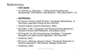 References
• TEXT BOOK:
• T1: Behrouz A. Forouzan, ―“Data communication and
Networking”, Fifth Edition, Tata McGraw – Hill, 2013 (UNIT I –V)
• REFERENCES:
• R1 James F. Kurose, Keith W. Ross, “Computer Networking - A
Top-Down Approach Featuring the Internet”,
• seventh Edition, Pearson Education, 2016.
• R2 Nader. F. Mir, “Computer and Communication Networks”,
Pearson Prentice Hall Publishers, 2nd Edition, 2014.
• R3 Ying-Dar Lin, Ren-Hung Hwang, Fred Baker, “Computer
Networks: An Open Source Approach”, Mc Graw Hill
• Publisher, 2011.
• R4 Larry L. Peterson, Bruce S. Davie, “Computer Networks: A
Systems Approach”, Fifth Edition, Morgan Kaufmann
• Publishers, 2011.
8
2
Karpagam Institute of Technology
 