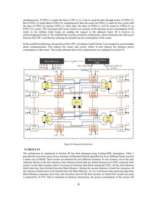 8 
simultaneously. If CPE(1,1) sends the data to CPE (1,3), it has to send the data through router of CPE(1,2). But if CPE(1,2) sends data to CPE(1,4) simultaneously then the router for CPE(1,1) stalls for few cycles until the data of CPE(1,2) reaches CPE(1,3). Only then, the data of CPE(1,1) will be routed to CPE(1,3) via CPE(1,2)’s router. This increased stall cycles result in an increase in the dynamic power consumption of the router as the stalling router keeps on sending the request to the adjacent router till it receives an acknowledgement from it. We modified the existing symmetric architecture, which eliminates the stall cycles between the CPE’s and thereby reducing the dynamic power consumption of the router. 
In the modified architecture, the position of the CPE’s of column 2 and Column 3 are swapped to accommodate direct communication. This reduces the router stall cycles, which in turn reduces the dynamic power consumption of the router. The results obtained due to this enhancement are explained in section VI. 
Figure 8: Enhanced Architecture 
VI. RESULTS 
The architecture as mentioned in Section III has been designed using Verilog-HDL description. Table 1 provides the execution times of two iterations of Diamond Search algorithm for seven different block sizes for a frame size of 48x48. These results are obtained for two different scenarios. In one scenario, out of the nine reference blocks in the first iteration, four reference block data are shared between two CPEs using the NoC routers. In the other scenario, there is no reuse of reference data block among the CPEs. All the nine reference block data have been fetched from the Main Memory. During the second iteration, in both the scenarios, all the reference blocks have to be fetched from the Main Memory. As it is well known that retrieving data from Main Memory consumes more time, the execution time for the first scenario in which NoC routers are used, is reduced by 18.37%. Due to reduction in memory interactions, the power consumption of the circuit will  