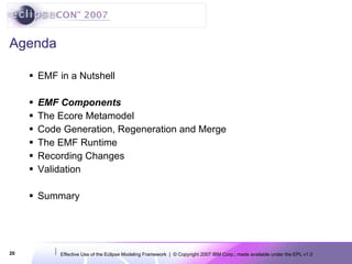 Agenda EMF in a Nutshell  EMF Components The Ecore Metamodel Code Generation, Regeneration and Merge The EMF Runtime Recording Changes Validation Summary 