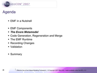 Agenda EMF in a Nutshell  EMF Components The Ecore Metamodel Code Generation, Regeneration and Merge The EMF Runtime Recording Changes Validation Summary 