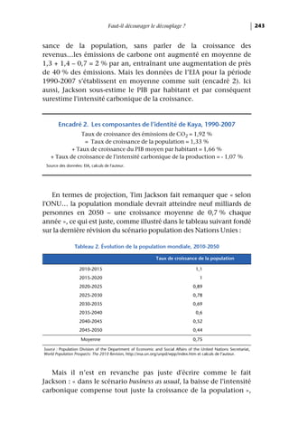 Faut-il décourager le découplage ?                                             243


sance de la population, sans parler de la croissance des
revenus…les émissions de carbone ont augmenté en moyenne de
1,3 + 1,4 – 0,7 = 2 % par an, entraînant une augmentation de près
de 40 % des émissions. Mais les données de l’EIA pour la période
1990-2007 s’établissent en moyenne comme suit (encadré 2). Ici
aussi, Jackson sous-estime le PIB par habitant et par conséquent
surestime l'intensité carbonique de la croissance.


       Encadré 2. Les composantes de l’identité de Kaya, 1990-2007
               Taux de croissance des émissions de CO2 = 1,92 %
                = Taux de croissance de la population = 1,33 %
           + Taux de croissance du PIB moyen par habitant = 1,66 %
   + Taux de croissance de l'intensité carbonique de la production = - 1,07 %
 Source des données: EIA, calculs de l'auteur.




   En termes de projection, Tim Jackson fait remarquer que « selon
l'ONU… la population mondiale devrait atteindre neuf milliards de
personnes en 2050 – une croissance moyenne de 0,7 % chaque
année », ce qui est juste, comme illustré dans le tableau suivant fondé
sur la dernière révision du scénario population des Nations Unies :

                 Tableau 2. Évolution de la population mondiale, 2010-2050

                                                            Taux de croissance de la population

                    2010-2015                                                     1,1
                    2015-2020                                                       1
                    2020-2025                                                    0,89
                    2025-2030                                                    0,78
                    2030-2035                                                    0,69
                    2035-2040                                                     0,6
                    2040-2045                                                    0,52
                    2045-2050                                                    0,44

                    Moyenne                                                      0,75

Source : Population Division of the Department of Economic and Social Affairs of the United Nations Secretariat,
World Population Prospects: The 2010 Revision, http://esa.un.org/unpd/wpp/index.htm et calculs de l’auteur.



   Mais il n’est en revanche pas juste d'écrire comme le fait
Jackson : « dans le scénario business as usual, la baisse de l'intensité
carbonique compense tout juste la croissance de la population »,
 