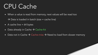 ▪ When a value is read from memory, next values will be read too 
à Data is loaded in batch (size = cache line)
▪ A cache line = 64 bytes
▪ Data already in Cache à Cache-hit
▪ Data not in Cache à Cache-miss à Need to load from slower memory
CPU Cache
 