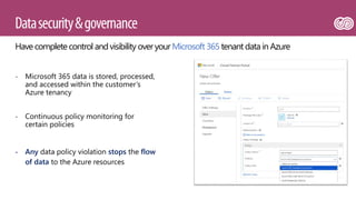 - Microsoft 365 data is stored, processed,
and accessed within the customer’s
Azure tenancy
- Continuous policy monitoring for
certain policies
- Any data policy violation stops the flow
of data to the Azure resources
Havecompletecontrol and visibility overyour Microsoft 365 tenant datain Azure
 
