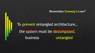 To prevent entangled architecture…
the system must be decomposed.
business untangled
Remember Conway’s Law?
 