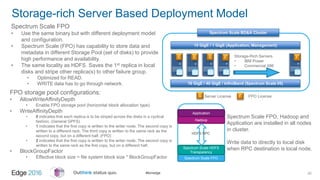 #ibmedge
Storage-rich Server Based Deployment Model
20
S FServer License FPO License
Storage-Rich Servers
• IBM Power
• Commercial X86
S FS S F
Spectrum Scale BD&A Cluster
10 GigE / 40 GigE / InfiniBand (Spectrum Scale I/0)
10 GigE / 1 GigE (Application, Management)
Spectrum Scale FPO
Spectrum Scale HDFS
Transparency
Hadoop
Application
HDFS RPC
Spectrum Scale FPO, Hadoop and
Application are installed in all nodes
in cluster.
Write data to directly to local disk
when RPC destination is local node.
Spectrum Scale FPO
• Use the same binary but with different deployment model
and configuration.
• Spectrum Scale (FPO) has capability to store data and
metadata in different Storage Pool (set of disks) to provide
high performance and availability.
• The same locality as HDFS. Saves the 1st replica in local
disks and stripe other replica(s) to other failure group.
• Optimized for READ.
• WRITE data has to go through network.
FPO storage pool configurations:
• AllowWriteAffinityDepth
• Enable FPO storage pool (horizontal block allocation type)
• WriteAffinityDepth
• 0 indicates that each replica is to be striped across the disks in a cyclical
fashion. (General GPFS)
• 1 indicates that the first copy is written to the writer node. The second copy is
written to a different rack. The third copy is written to the same rack as the
second copy, but on a different half. (FPO)
• 2 indicates that the first copy is written to the writer node. The second copy is
written to the same rack as the first copy, but on a different half.
• BlockGroupFactor
• Effective block size = file system block size * BlockGroupFactor
 