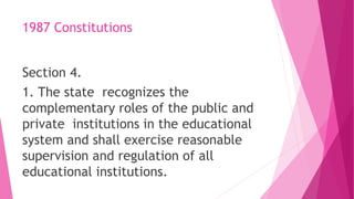 1987 Constitutions
Section 4.
1. The state recognizes the
complementary roles of the public and
private institutions in the educational
system and shall exercise reasonable
supervision and regulation of all
educational institutions.
 