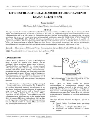 IJRET: International Journal of Research in Engineering and Technology eISSN: 2319-1163 | pISSN: 2321-7308
__________________________________________________________________________________________
Volume: 03 Issue: 02 | Feb-2014, Available @ http://www.ijret.org 536
EFFICIENT RECONFIGURABLE ARCHITECTURE OF BASEBAND
DEMODULATOR IN SDR
Keyur Konkani1
1
M.E, Student, L.D. College of Engineering, Ahmedabad, Gujarat, India
Abstract
This paper presents the simulation architecture and performance analysis with the use of ZCD technic. A Zero-Crossing based All-
Digital Baseband Demodulation architecture is proposed in this work. This architecture supports demodulation of all modulation
schemes including MSK, PSK, FSK, and QAM. The proposed structure is very low area, low power, and low latency and can operate
in real-time. Moreover it can switch, in run-time, between multiple modulation schemes like GMSK (GSM), QPSK (CDMA), GFSK
(Bluetooth), 8-PSK (EDGE), Offset-QPSK (W-CDMA), etc. In addition, the phase resolution of the demodulator is scalable with
performance. In addition, bit-wise amplitude quantization based quad-decomposition approach is utilized to demodulate higher order
M-ary QAM modulations such as 16-QAM & 64-QAM, which is also a highly scalable architecture. This structure of demodulator
provides energy-efficient and resource-efficient implementation of various wireless standards in physical layer of SDR.
Keywords — Physical layer, Mobile and Wireless Communication, Software Defined radio (SDR), Zero Cross Detection
(ZCD), Modulation Schemes, Architecture, high level synthesis, FPGA.
-----------------------------------------------------------------------***----------------------------------------------------------------------
1. INTRODUCTION
Software Radio, by definition, is a class of Reconfigurable
radios in which the physical layer behavior can be
significantly altered, at run-time, without change in hardware.
Thus physical layer reconfigurability is a primary feature of
SDR. The Reconfigurable radio can adapt too many different
standards and enables global mobility, multi-functionality,
compactness and ease of upgrade. The same physical layer can
be reprogrammed to support different bands of frequencies,
different modulation schemes and different data rates resulting
in a significant reduction in product development times and at
the same time offering high power efficiency and speed of
operations
The architecture choice of physical layer signal processing of
a reconfigurable radio is a critical design step. It determines
the flexibility, modularity, scalability and performance of the
final design. Signal processing algorithms can be implemented
using variety of digital hardware such as General Purpose
Processors (GPPs), Digital Signal Processors (DSPs),
Application Specific Integrated Circuits (ASICs) and Field
Programmable Gate Arrays (FPGAs). Where modular design
flows are required, FPGAs are preferred over DSPs, as they
provide high degree of parallelism and fast interconnections
between different modules of a design. FPGA also exhibit
high flexibility and reduced design times.
Fig 1.1: Comparison of FPGA, DSP, ASIP, ASIC & GPP for
SDR implementation [1]
Hence, FPGAs are highly suitable for efficient
implementations of computationally intensive signal
processing functions involved in the physical layer of
Software Defined Radio, as shown in Figure 1.3. The physical
layer involves baseband signal processing which ensures that
data received from upper layers, such as MAC, are transferred
to the other end of the channel, or recovered, with minimum
distortion.
The major functions performed by Physical Layer are as
follows:
 Channel Coding- To withstand noise, interference,
fading.
 Interleaving- To nullify the effect of burst errors
 Modulation- For bandwidth efficiency & channel
transport
 