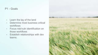• Learn the lay of the land
• Determine most business critical
workflows
• Focus risk/vuln identification on
those workflows
• Establish relationships with dev
teams.
P1 - Goals
 