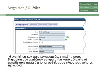 Διαχείριση  /  Ομάδες Η ενοποίηση των χρηστών σε ομάδες επιτρέπει στους διαχειριστές να αναθέτουν αυτόματα ένα κοινό σύνολο από εκπαιδευτικό περιεχόμενο και ρυθμίσεις σε όλους τους χρήστες της ομάδας .  Community++ Ναι Educational Ναι Enterprise Ναι 