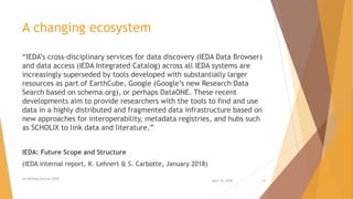 A changing ecosystem
“IEDA’s cross-disciplinary services for data discovery (IEDA Data Browser)
and data access (IEDA Integrated Catalog) across all IEDA systems are
increasingly superseded by tools developed with substantially larger
resources as part of EarthCube, Google (Google’s new Research Data
Search based on schema.org), or perhaps DataONE. These recent
developments aim to provide researchers with the tools to find and use
data in a highly distributed and fragmented data infrastructure based on
new approaches for interoperability, metadata registries, and hubs such
as SCHOLIX to link data and literature.”
IEDA: Future Scope and Structure
(IEDA internal report, K. Lehnert & S. Carbotte, January 2018)
April 10, 2018
Ian McHarg Lecture 2018
44
 