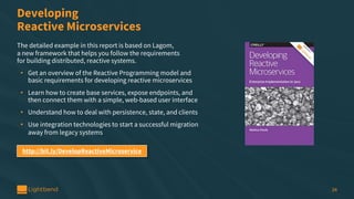 Developing
Reactive Microservices
The detailed example in this report is based on Lagom,
a new framework that helps you follow the requirements
for building distributed, reactive systems.
• Get an overview of the Reactive Programming model and
basic requirements for developing reactive microservices
• Learn how to create base services, expose endpoints, and
then connect them with a simple, web-based user interface
• Understand how to deal with persistence, state, and clients
• Use integration technologies to start a successful migration
away from legacy systems
http://bit.ly/DevelopReactiveMicroservice
34
 