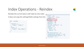 Index Operations - Reindex
Reindex the current data in old-index to new-index
It does not copy the settings/fields settings from the source index to destination
CURRENT VERSION 7.6
 