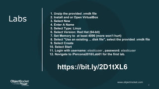 www.objectrocket.com
4
Labs
1. Unzip the provided .vmdk file
2. Install and or Open VirtualBox
3. Select New
4. Enter A Name
5. Select Type: Linux
6. Select Version: Red Hat (64-bit)
7. Set Memory to at least 4096 (more won’t hurt)
8. Select "Use an existing ... disk file", select the provided .vmdk file
9. Select Create
10. Select Start
11. Login with username: elasticuser , password: elasticuser
12. Navigate to /Percona2018/Lab01 for the first lab.
https://bit.ly/2D1tXL6
 