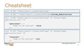 Cheatsheet
www.objectrocket.com
83
curl -X GET ”<host>:<port>/_cluster/settings”
curl -X GET " ”<host>:<port>/_cluster/settings?include_defaults=true”
curl -X PUT ”<host>:<port>/_cluster/settings" -H 'Content-Type:
application/json' -d'
{
"persistent" : {
”name of the setting" : value
}}'
curl -X PUT ”<host>:<port>/_cluster/settings" -H 'Content-Type:
application/json' -d'
{
"transient" : {
”name of the setting" : null
}}'
 