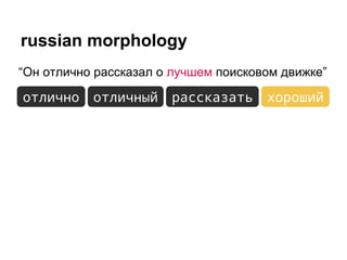 russian morphology
“Он отлично рассказал о лучшем поисковом движке”
отлично отличный рассказать хороший
 