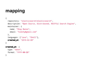 mapping
{
repository: "elasticsearch/elasticsearch",
description: "Open Source, Distributed, RESTful Search Engine",
maintainer: {
name: "Shay Banon",
email: "kimchy@gmail.com"
},
languages: ["Java", "Shell"],
created_at: "2010-02-08"
}
created_at: {
type: "date",
format: "YYYY-MM-DD"
}
 