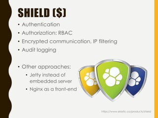 SHIELD ($)
• Authentication
• Authorization: RBAC
• Encrypted communication, IP filtering
• Audit logging
• Other approaches:
• Jetty instead of
embedded server
• Nginx as a front-end
https://www.elastic.co/products/shield
 