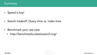www.elastic.co
53
• Speed is key!
• Search tradeoff: Query time vs. index time
• Benchmark your use-case
• http://benchmarks.elasticsearch.org/
Summary
 