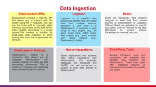 Elasticsearch APIs:
Elasticsearch provides a RESTful API
that allows you to interact with the
cluster using HTTP requests. You can
use the Index API to manually index
individual documents or the Bulk API to
index multiple documents in a single
request.This method is suitable for
small-scale data ingestion or when
dealing with data that is generated on-
demand.
Data Ingestion
Logstash:
Logstash is a powerful data
processing pipeline that can ingest
data from multiple sources,
transform it, and send it to
Elasticsearch. It supports a wide
range of input plugins (e.g., file
input, beats input, JDBC input),
filter plugins (e.g., grok, mutate),
and output plugins (e.g.,
Elasticsearch, Kafka).
Beats:
Beats are lightweight data shippers
designed to send data from various
sources to Elasticsearch or Logstash.
Different Beats are available for specific
use cases, such as Filebeat for log files,
Metricbeat for system metrics,
Packetbeat for network data, etc.
Elasticsearch Hadoop:
Elasticsearch Hadoop is a
connector that allows you to
integrate Elasticsearch with
Apache Hadoop and other big data
processing frameworks. This is
useful for ingesting and analyzing
large datasets stored in Hadoop.
Native Integrations:
Some applications and systems
offer native integrations with
Elasticsearch. For example,
databases like MongoDB and
MySQL can use connectors or
plugins to push data directly to
Elasticsearch.
Third-Party Tools:
Several third-party tools and
connectors are available that
facilitate data ingestion into
Elasticsearch. These tools might
offer additional features or
specialized functionality for specific
use cases.
 