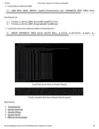 11/23/2014 Elastic Search integration with Hadoop | leveragebigdata 
Load data to internal table: 
1 LOAD DATA LOCAL INPATH '<path>/hiveElastic.txt' OVERWRITE INTO TABLE movie_internal; 
hiveElastic.txt 
12 
Title1,1,dire1,2003,Action$Crime$Thriller 
Title2,2,dire2,2007,Biography$Crime$Drama 
Load data from hive internal table to ElasticSearch : 
1 INSERT OVERWRITE TABLE movie SELECT NULL, m.title, m.director, m.year, m.genres Load data from Hive to Elastic Search 
Verify inserted data from Elastic Search query 
References: 
1. ElasticSearch 
2. Apache Hadoop 
3. Apache Hbase 
4. Apache Spark 
5. JBKSoft Technologies 
http://leveragebigdata.wordpress.com/2014/06/28/elasticsearch-integration-with-hadoop/ 8/9 
 