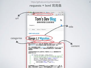requests + lxml 寫爬蟲
title
categories
content
url
https://github.com/yychen/estest 2
 