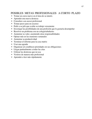 67
POSIBLES METAS PROFESIONALES A CORTO PLAZO
• Tomar un curso nuevo en el área de su interés
• Aprender una nueva destreza
• Consultar a un asesor profesional
• Tomar pasos para un ascenso
• Pedir a su jefe que evalúe su trabajo verazmente
• Investigar las posibilidades de una profesión que le gustaría desempeñar
• Resolver un problema con un colega/subalterno
• Aumentar su valor, asumiendo otras responsabilidades
• Opinar más en las reuniones semanales
• Aumentar su productividad
• Terminar el informe para la casa matriz
• Usar una agenda
• Organizar y/o establecer prioridades en sus obligaciones
• Llegar puntualmente a todas las citas
• Utilizar las destrezas que no usa
• Vestirse de manera más profesional
• Aprender a leer más rápidamente
 