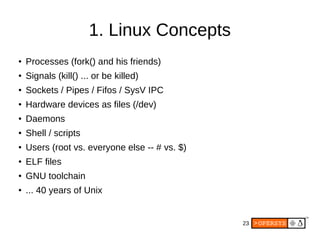 23
1. Linux Concepts
●
Processes (fork() and his friends)
●
Signals (kill() ... or be killed)
●
Sockets / Pipes / Fifos / SysV IPC
●
Hardware devices as files (/dev)
●
Daemons
●
Shell / scripts
●
Users (root vs. everyone else -- # vs. $)
●
ELF files
● GNU toolchain
●
... 40 years of Unix
 